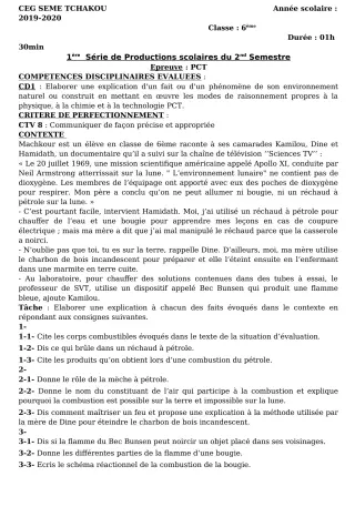 Première page de PCT 6e, 5e, 4e, 3e — 1re production scolaire, 2e semestre (2019-2020) · CEG Sème tchakou