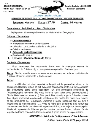 Première page de Histoire-Géographie 2nde A, 2nde A & B — 1re évaluation sommative, 1er semestre (2019-2020) · CEG Dantokpa