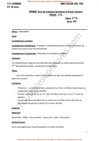 Première page de EPS 5ème – 1er semestre 2019-2020 – Sujet et corrigé du devoir (gymnastique, grimper à la corde, lancer de poids) – CEG Kpanroun