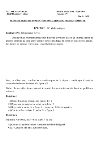 Première page de Mathématiques 6e, 5e, 4e, 4e ML, 3e, 3e ML, 2nde A & B, 2nde A2 — 1re évaluation sommative, 1er semestre (2018-2019) · CEG Ahossougbéta