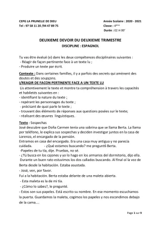Première page de Espagnol 4e, 3e ML, 2nde B — 2e devoir surveillé, 2e trimestre (2020-2021) · CEPG La Prunelle de Dieu