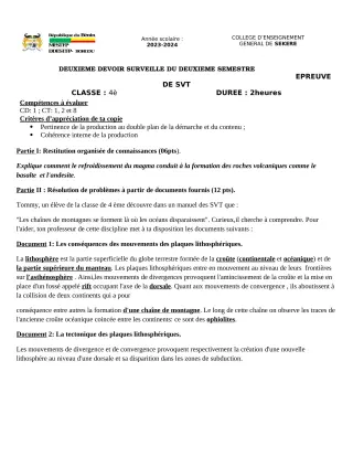 Première page de SVT 4e — 2e devoir surveillé, 2e semestre (2023-2024) · CEG SEKERE