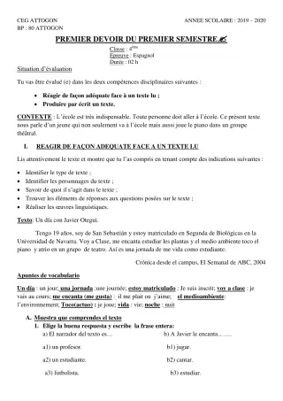 Première page de Espagnol 4e ML — 1er devoir surveillé, 1er semestre (2019-2020) · CEG Attogon