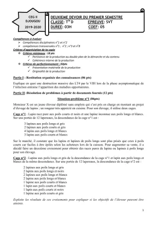 Première page de SVT Tle D — 2e devoir surveillé, 1er semestre (2019-2020) · CEG 2 Djougou