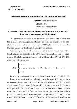 Première page de Mathématiques Tle D — 1er devoir surveillé, 1er semestre (2021-2022) · CEG PAHOU