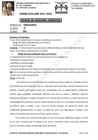 Première page de Espagnol 4e ML, 2nde A2, 1ère A2 — 2e devoir surveillé, 2e trimestre (2021-2022) · CCJPII DJOUGOU