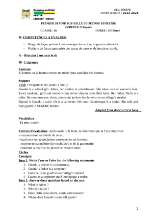 Première page de Anglais 6e — 1er devoir surveillé, 2e semestre (2023-2024) · CEG SEKERE