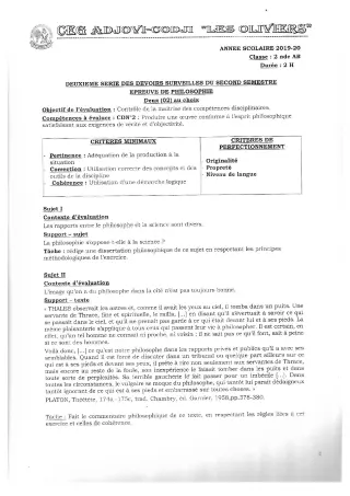 Première page de Philosophie 2nde B — 2e devoir surveillé, 2e semestre (2019-2020) · CEG ADJOVICODJI 'LES OLIVIERS'