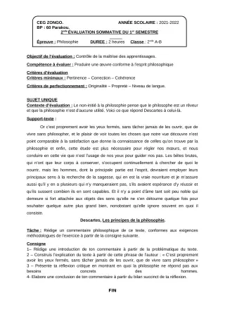 Première page de Philosophie 2nde A, 2nde A2, 2nde B — 2e évaluation sommative, 1er semestre (2021-2022) · CEG ZONGO