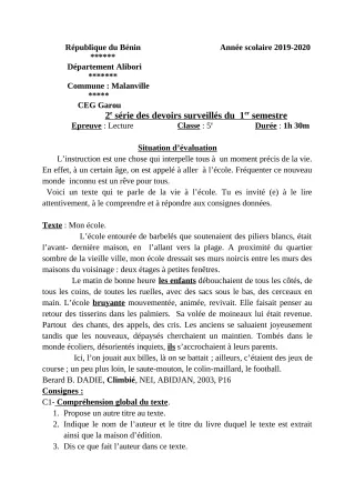 Première page de Français 5e — 2e devoir surveillé, 1er semestre (2019-2020) · CEG GAROU
