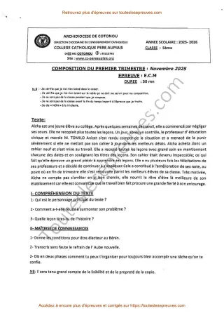 Première page de ECM 5ème – Composition du 1er trimestre 2025-2026 – Discipline, travail bien fait et responsabilité scolaire – Collège Catholique Père Aupiais