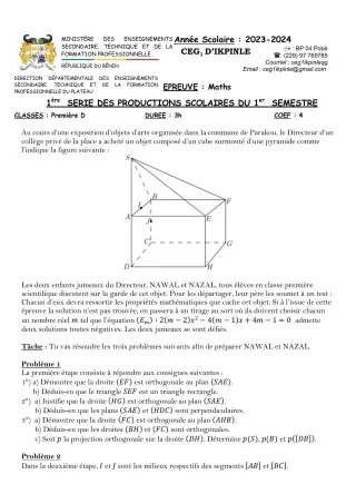 Première page de Mathématiques 1ère D — 1re production scolaire, 1er semestre (2023-2024) · CEG1 Ikpinlè