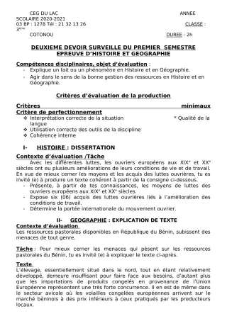 Première page de Histoire-Géographie 3e, 3e ML — 2e devoir surveillé, 1er semestre (2020-2021) · CEG du Lac