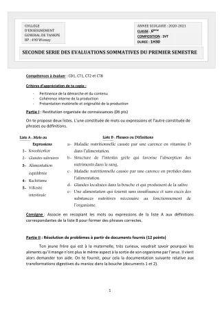 Première page de SVT 6e, 5e, 4e, 3e, 3e ML, 2nde A2, 2nde B, 2nde C, 2nde D, 1ère A2, 1ère B, 1ère C, 1ère D, Tle A1, Tle A2, Tle B, Tle C, Tle D — 2e évaluation sommative, 1er semestre (2020-2021) · CEG Tankpè