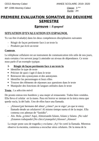 Première page de Espagnol 4e ML, 3e ML — 2e semestre (2019-2020) · CEG3 ABOMEY CALAVI
