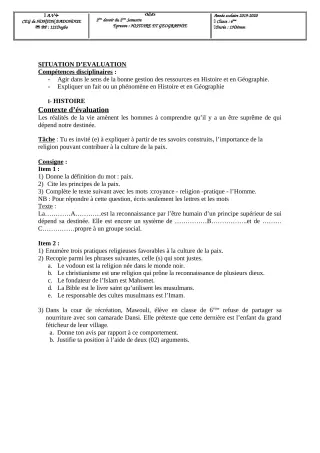 Première page de Histoire-Géographie 6e — 2e devoir surveillé, 2e semestre (2019-2020) · CEG Honton