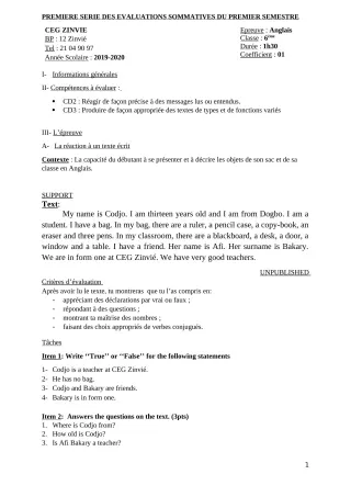 Première page de PCT 6e — 1re évaluation sommative, 1er semestre (2019-2020) · CEG Zinvié
