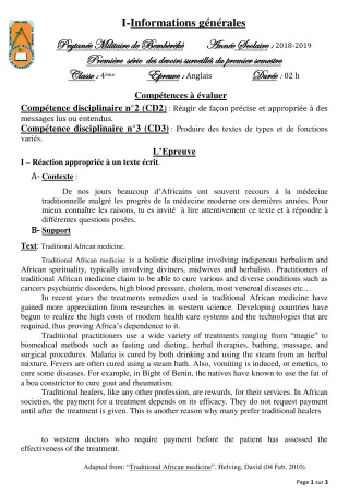 Première page de Anglais 4e — 1er devoir surveillé, 1er semestre (2018-2019) · PMB