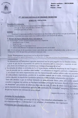 Première page de Espagnol 3e, 3e ML — 2e devoir surveillé, 1er trimestre (2019-2020) · CPEG ROSAIRE