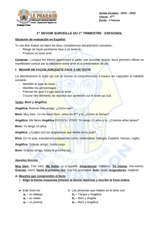 Première page de Espagnol 4e ML — 1er devoir surveillé, 1er trimestre (2019-2020) · CPEG LE PHARAON