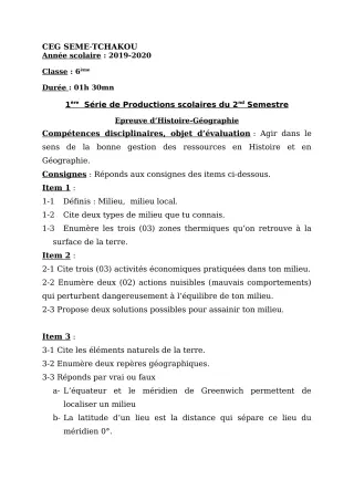 Première page de Histoire-Géographie 6e, 5e, 4e, 3e — 1re production scolaire, 2e semestre (2019-2020) · CEG Sème tchakou