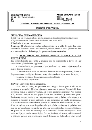 Première page de Espagnol Tle A1, Tle A2, Tle B — 1er devoir surveillé, 1er semestre (2020-2021) · CEG SURU-LERE