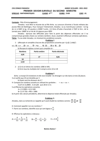 Première page de Mathématiques 6e — 1er devoir surveillé, 2e semestre (2021-2022) · CEG ZONGO