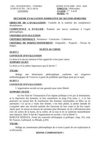 Première page de Philosophie 1ère A1, 1ère A2, 1ère B — 2e évaluation sommative, 2e semestre (2019-2020) · CEG Kouhounou-Vêdoko