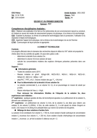 Première page de PCT Tle D — Devoir surveillé, 1er semestre (2021-2022) · CEG PAHOU