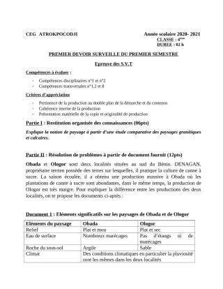 Première page de SVT 4e — 1er devoir surveillé, 1er semestre (2020-2021) · CEG ATROKPOCODJI