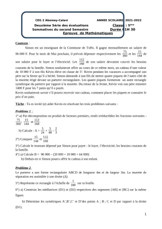 Première page de Mathématiques 5e — 2e évaluation sommative, 2e semestre (2021-2022) · CEG2 ABOMEY - CALAVI (CEG ZOCA)