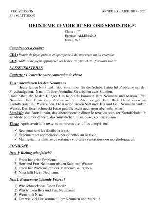 Première page de Allemand 4e ML — 2e devoir surveillé, 2e semestre (2019-2020) · CEG Attogon
