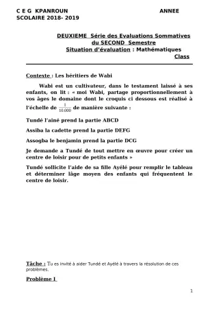 Première page de Mathématiques 5e — 2e évaluation sommative, 2e semestre (2018-2019) · CEG Kpanroun