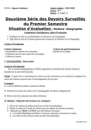 Première page de Histoire-Géographie 4e, 4e ML — 2e devoir surveillé, 1er semestre (2019-2020) · CEG Agassa Godomey