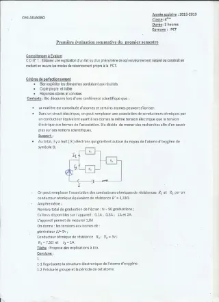 Première page de PCT 4e — 1re évaluation sommative, 1er semestre (2018-2019) · CEG ADJAGBO