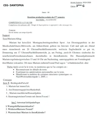 Première page de Allemand 4e ML&MC, 3e ML, 2nde B, 1ère A, 1ère B, Tle A2, Tle B — 2e production scolaire, 2e semestre (2019-2020) · CEG Dantokpa