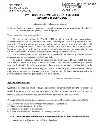 Première page de Espagnol 2nde A, 2nde A1, 2nde A2 — 2e devoir surveillé, 1er semestre (2019-2020) · CEG Yagbe
