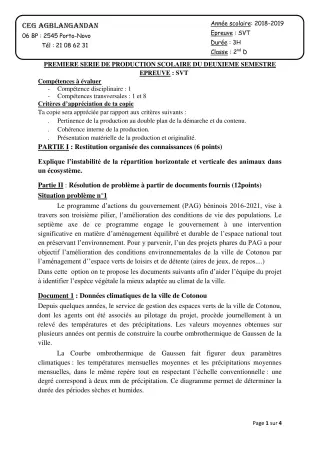 Première page de SVT 2nde D — 1re production scolaire, 2e semestre (2018-2019) · CEG AGBLANGANDAN