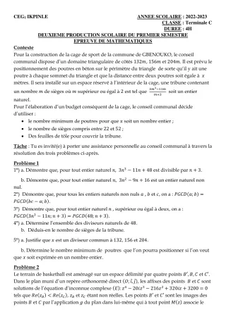 Première page de Mathématiques Tle C — 2e production scolaire, 1er semestre (2022-2023) · CEG1 Ikpinlè