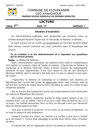 Première page de Français 6e, 5e, 4e, 4e ML, 4e ML&MC, 3e, 3e ML — 1er devoir surveillé, 1er semestre (2019-2020) · CEG AYAHOHOUE