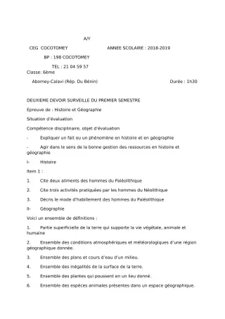 Première page de Histoire-Géographie 6e — 2e devoir surveillé, 1er semestre (2018-2019) · CEG Cocotomey