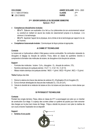 Première page de PCT 4e — 2e devoir surveillé, 2e semestre (2019-2020) · CEG ZOGBO