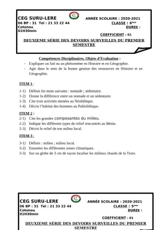 Première page de Histoire-Géographie 6e, 5e, 4e, 3e, 3e ML, 2nde A2, 2nde B, 2nde C, 2nde D, 1ère A, 1ère B, 1ère C, 1ère D, Tle A1, Tle A2, Tle B, Tle C, Tle D — 2e devoir surveillé, 1er semestre (2020-2021) · CEG SU