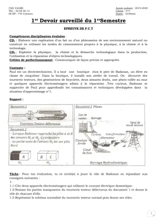 Première page de PCT 5e — 1er devoir surveillé (2019-2020) · CEG Yagbe