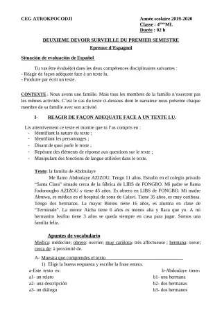 Première page de Espagnol 4e ML — 2e devoir surveillé, 1er semestre (2019-2020) · CEG ATROKPOCODJI