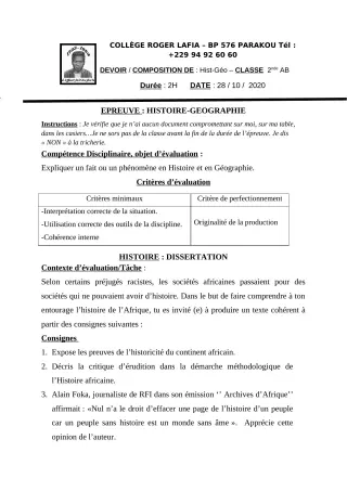Première page de Histoire-Géographie 2nde A1, 2nde A2, 2nde B — Composition (2020-2021) · CPEG Roger LAFIA