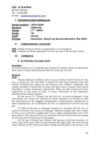 Première page de Anglais 1ère A2, 1ère B, 1ère C, 1ère D — 2e devoir surveillé, 2e semestre (2019-2020) · CEG Le Plateau