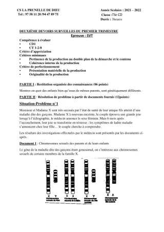 Première page de SVT Tle D — 2e devoir surveillé, 1er trimestre (2021-2022) · CEPG La Prunelle de Dieu