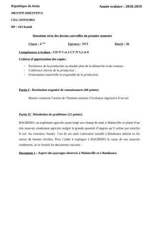 Première page de SVT 4e ML — 2e devoir surveillé, 1er semestre (2018-2019) · CEG SONSORO