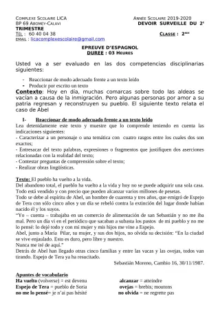 Première page de Espagnol 2nde A2, 2nde B — Devoir surveillé, 1er trimestre (2019-2020) · CPEG LICA